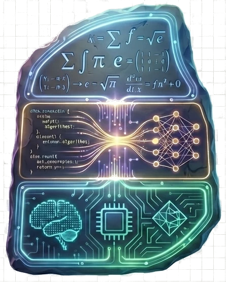 The Avadari stone: mathematical notation, algorithmic code, and AI motifs carved into three glowing registers of a single tablet.